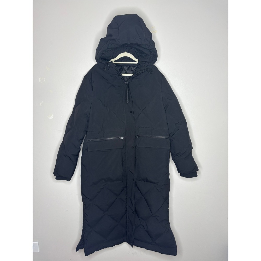 AllSaints Black Diamond Quilted Longline Puffer Coat Hooded Parka US 10 UK 14